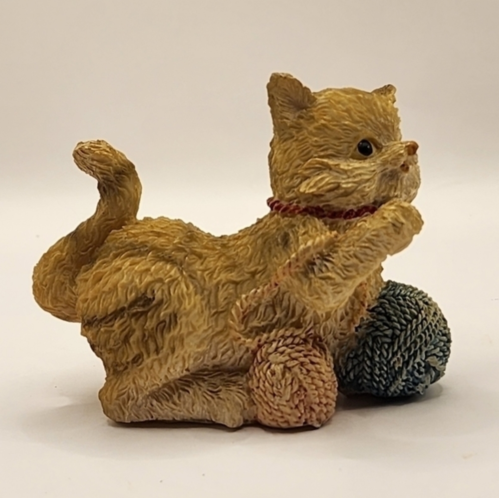 Small Resin Playing With Yarn Brown Cat